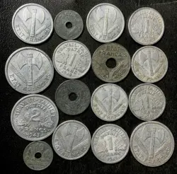 OLD VICHY FRANCE COIN LOT - 16 HISTORIC WW2 ERA OCCUPATION COINS - LOT #J31