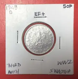 1943D GERMANY THIRD REICH SWASTIKA WORLD WAR 2! 50 PFENNIG! SWASTIKA! OLD COIN!
