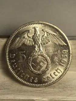 1939 A 5 MARK GERMAN WW2 SILVER COIN THIRD REICH HIGH GRADE W/LUSTER FREE SHIP S