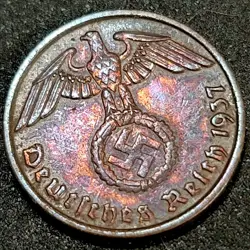 1937-D NAZI GERMANY *BEAUTIFULLY TONED* GENUINE WW2-ERA 2 REICHSPFENNIG COIN
