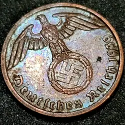 1939-A NAZI GERMANY *BEAUTIFULLY TONED* GENUINE WW2-ERA 1 REICHSPFENNIG COIN