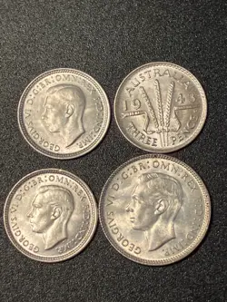 LOT OF 4 BU 3 AND 6 PENCE WW2 SILVER DENVER MINTED AUSTRALIAN COINS