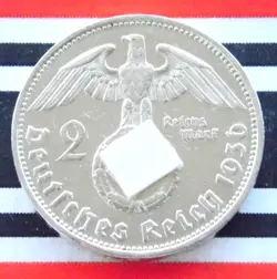 GERMAN 2 REICHSMARK 1936 G SWASTIKA HINDENBURG SILVER COIN 3RD WW2 + RARE + MARK