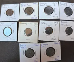 WW2 GERMAN 3RD REICH COINS (10) LOT, 1940 TO 1944.  1 AND 10 PFENNIG