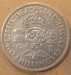 WORLD WAR 2 WW2 .500 SILVER COIN GREAT BRITAIN 1943 FLORIN 2 SHILLINGS .1818 ASW