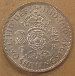 WORLD WAR 2 WW2 .500 SILVER COIN GREAT BRITAIN 1942 FLORIN 2 SHILLINGS .1818 ASW