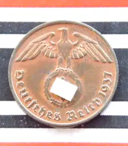 GERMAN COIN 1937 A 2 REICHSPFENNIG SWASTIKA COPPER 3RD REICH WW2 + UNC + PFENNIG