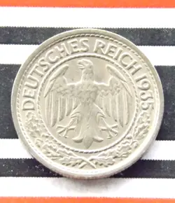 GERMAN COIN 50 REICHSPFENNIG 1935 J NICKEL EAGLE WEIMAR REPUBLIC WW2 PFENNIG UNC