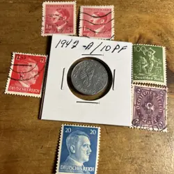 WW2 GERMAN NAZI 1942-A 10 PFENNIG NAZI COIN AND STAMPS SWASTIKA  O