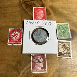 WW2 GERMAN NAZI 1941-D 10 PFENNIG NAZI COIN AND STAMPS SWASTIKA  B