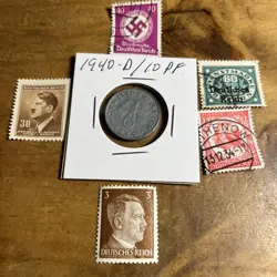 WW2 GERMAN NAZI 1940-D 10 PFENNIG NAZI COIN AND STAMPS SWASTIKA  J