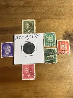 WW2 GERMAN NAZI 1941-A 5 PFENNIG NAZI COIN AND STAMPS SWASTIKA  M