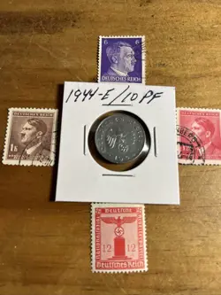 WW2 GERMAN NAZI 1944-E 10 PFENNIG NAZI COIN AND STAMPS SWASTIKA  MMM