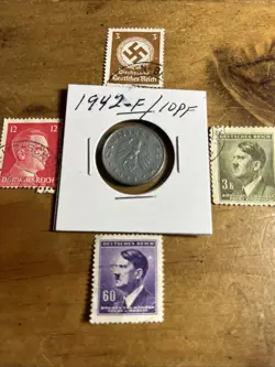 WW2 GERMAN NAZI 1942-F 10 PFENNIG NAZI COIN AND STAMPS SWASTIKA  MMM
