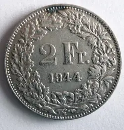 1944 SWITZERLAND 2 FRANCS - AU - RARE SILVER COIN - WW2 DATE - LOT #B3
