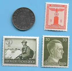 GERMANY WW2 1944 D 10 RPF SWASTIKA COIN & HITLER SWASTIKA STAMP LOT WW2 ERA #30