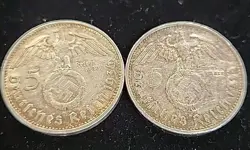 3RD REICH, PRE WW2 ERA 1936 X 2 GERMAN SILVER COINS 5 REICHSMARK 