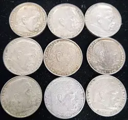 GERMAN LOT 9 COINS 2 REICHSMARK 1939 SWASTIKA SILVER 3RD REICH WW2 MARK