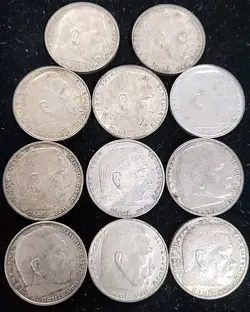 GERMAN LOT 11 COINS 2 REICHSMARK 1937 SWASTIKA SILVER 3RD REICH WW2 MARK