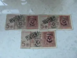 3 X GERMAN 5 REICHSMARK  BANKNOTES, THIRD REICH WWII HAND STAMPED