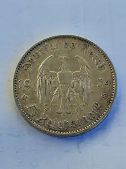 GERMANY 5 REICHSMARK   1934 A, SILVER, NAZI SWASTIKA 3RD WW2