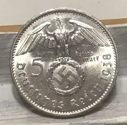 1938 A 5 MARK GERMAN WW2 SILVER COIN THIRD REICH HIGH GRADE W/LUSTER FREE SHIP A