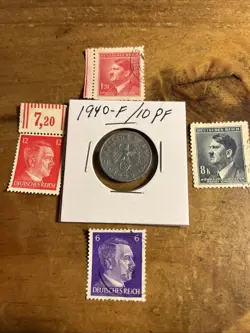WW2 GERMAN NAZI 1940-F 10 PFENNIG NAZI COIN AND STAMPS SWASTIKA  X