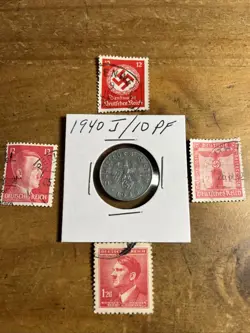 WW2 GERMAN NAZI 1940-J 10 PFENNIG NAZI COIN AND STAMPS SWASTIKA  X