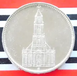 GERMAN COIN 1935 G 5 REICHSMARK POTSDAM GARRISON CHURCH SILVER 3RD WW2 MARK +UNC