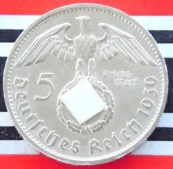 GERMAN 5 REICHSMARK 1939 B SWASTIKA HINDENBURG SILVER COIN 3RD REICH WW2 MARK BU