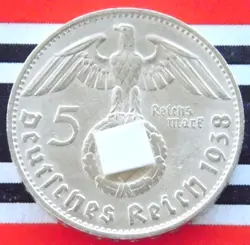 GERMAN 5 REICHSMARK 1938 D SWASTIKA HINDENBURG SILVER COIN 3RD REICH WW2 MARK BU