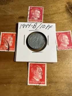 WW2 GERMAN NAZI 1944-B 10 PFENNIG NAZI COIN AND STAMPS SWASTIKA  X