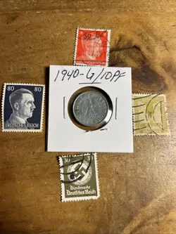 WW2 GERMAN NAZI 1940-G 10 PFENNIG NAZI COIN AND STAMPS SWASTIKA  X