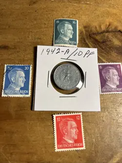 WW2 GERMAN NAZI 1942-A 10 PFENNIG NAZI COIN AND STAMPS SWASTIKA  X