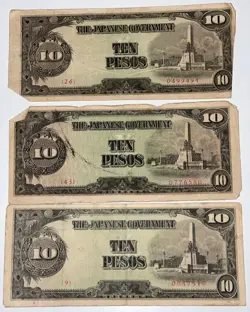 RARE LOT OF 3 1943 JAPANESE WW2 PHILIPPINES OCCUPATION MONEY 10 PESOS BANKNOTES