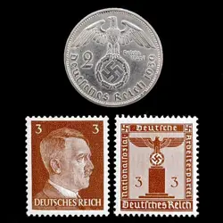 1939F NAZI GERMANY 2 SILVER COIN REICHSMARK WW2 SWASTIKA HITLER REICH STAMPS LOT