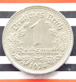 GERMAN COIN 1 REICHSMARK 1934 E NICKEL THIRD REICH 3RD EAGLE WW2 +RARE MARK NICE