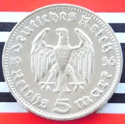 GERMAN 5 REICHSMARK 1936 F EAGLE HINDENBURG SILVER COIN 3RD REICH WW2 + UNC MARK