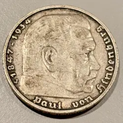 GERMAN 5 REICHSMARK 1936 J EAGLE HINDENBURG SILVER COIN 3RD REICH WW2