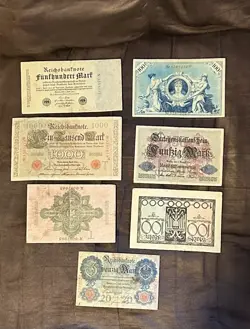 7 GERMAN BANK NOTES CURRENCY  MONEY CIRCULATED 1874-1923 PRE WW2 SOME PRE WW2