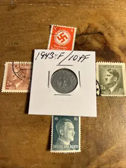 WW2 GERMAN NAZI 1943-F 10 PFENNIG NAZI COIN AND STAMPS SWASTIKA  O