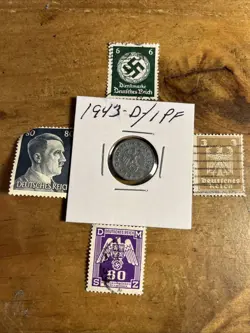 WW2 GERMAN NAZI 1943-D 1 PFENNIG NAZI COIN AND STAMPS SWASTIKA  O