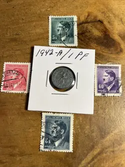 WW2 GERMAN NAZI 1942-A 1 PFENNIG NAZI COIN AND STAMPS SWASTIKA  OK