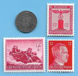 GERMANY WW2 1942 J 1 RPF SWASTIKA COIN & HITLER SWASTIKA STAMP LOT WW2 ERA #22