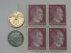 WW2 NAZI GERMANY 1 REICHSPFENNIG SWASTIKA COIN & HITLER STAMP LOT