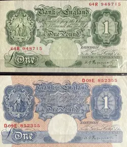 ENGLAND £1 1934/49  2 X PEPPIATT SIGNED WW2 ERA PAPER BANKNOTES.