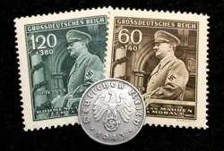 RARE OLD WWII GERMAN WAR 1 REICHSPFENNIG COIN & 2 STAMPS WORLD WAR 2 ARTIFACTS