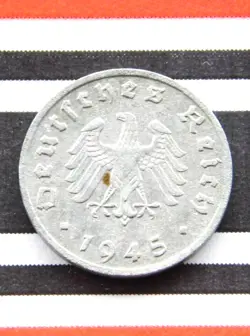 GERMAN COIN 1 REICHSPFENNIG 1945 F ZINC ALLIED OCCUPATION 3RD REICH WW2 + RARE +