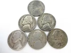 6 PIECE WW2 SILVER JEFFERSON NICKEL COIN LOT 2X 1942, 44P, 2X 45P, 45S G TO F
