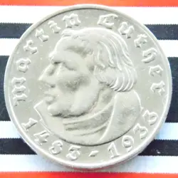 GERMAN 2 REICHSMARK 1933 G MARTIN LUTHER SILVER COIN 3RD REICH WW2 + RARE + MARK